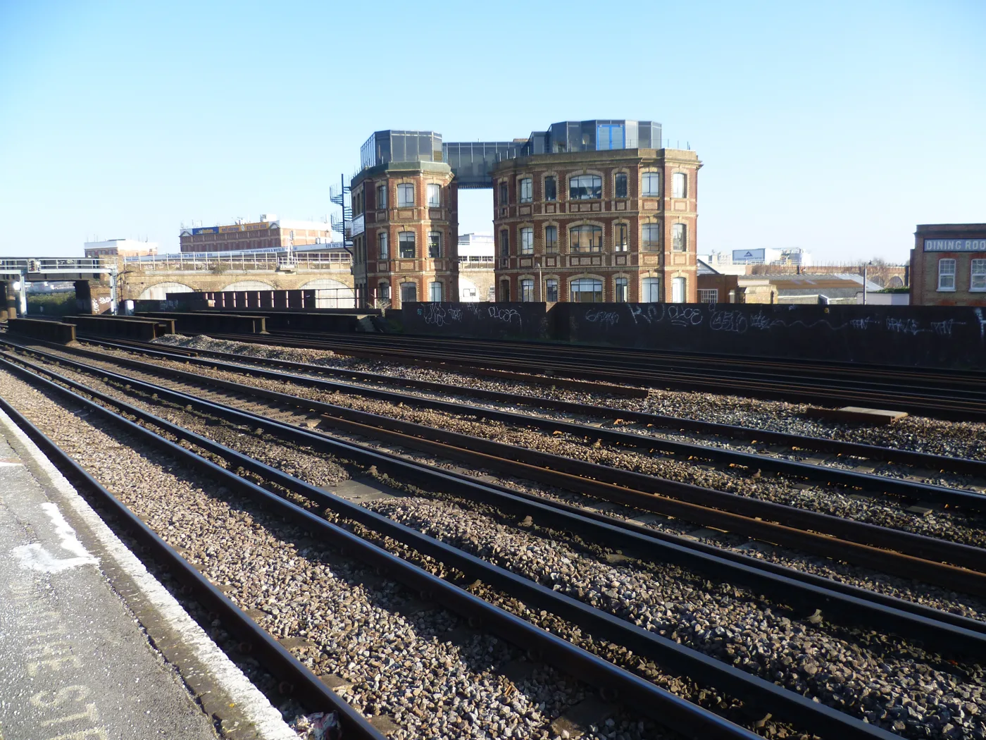 Railway lines seen from Queenstown Road station in Battersea. The photograph does not show the fire or the damaged equipment