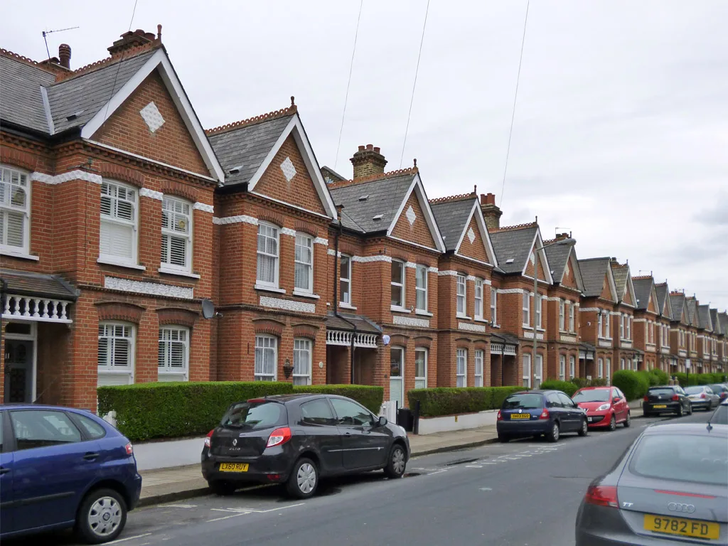 Terraced houses on Dinsmore Road in Balham. Terraces held up better than flats over the year, falling 3.9 per cent against 5.7 per cent.