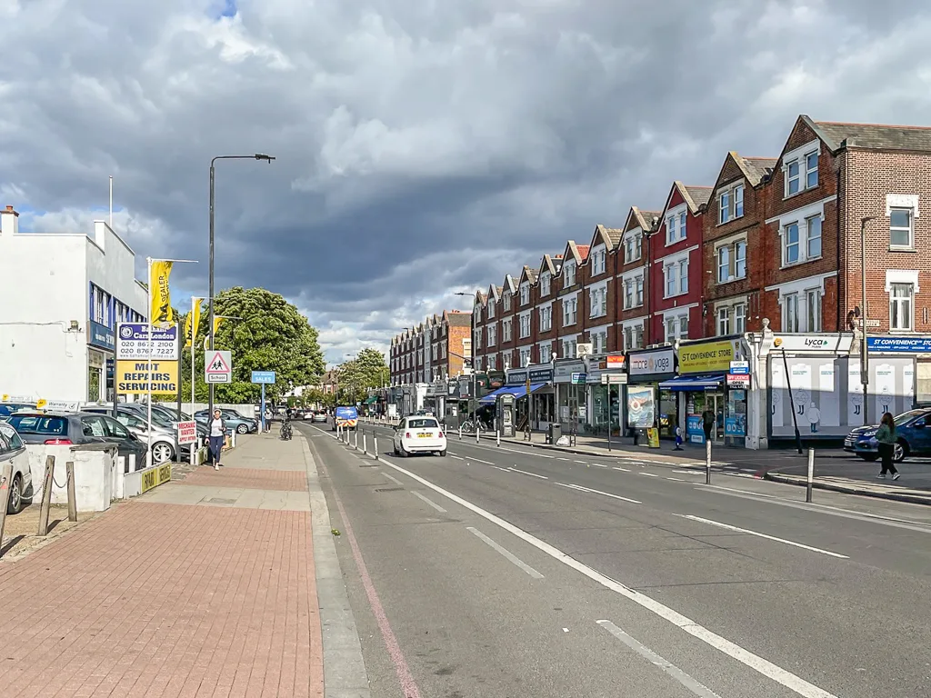 Shopfronts and pavement on Balham High Road, one of the streets where advertising hubs have been refused